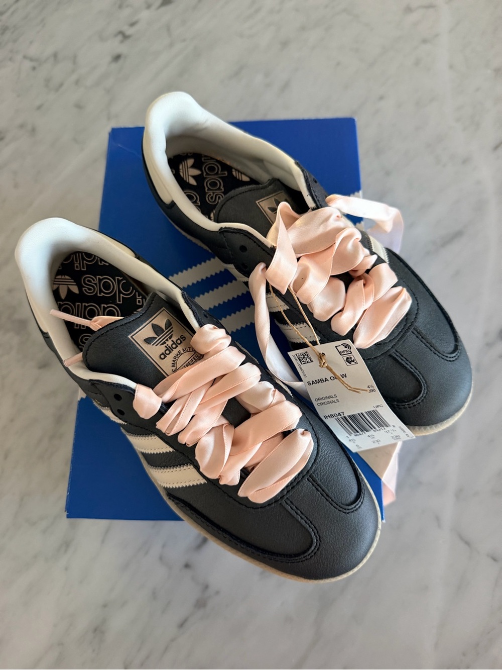 adidas Originals Samba Black Sneakers with Pale Pink Satin Laces